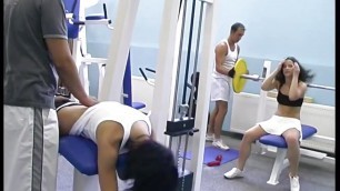 Orgy with two hot couples in the gym with moments of intense